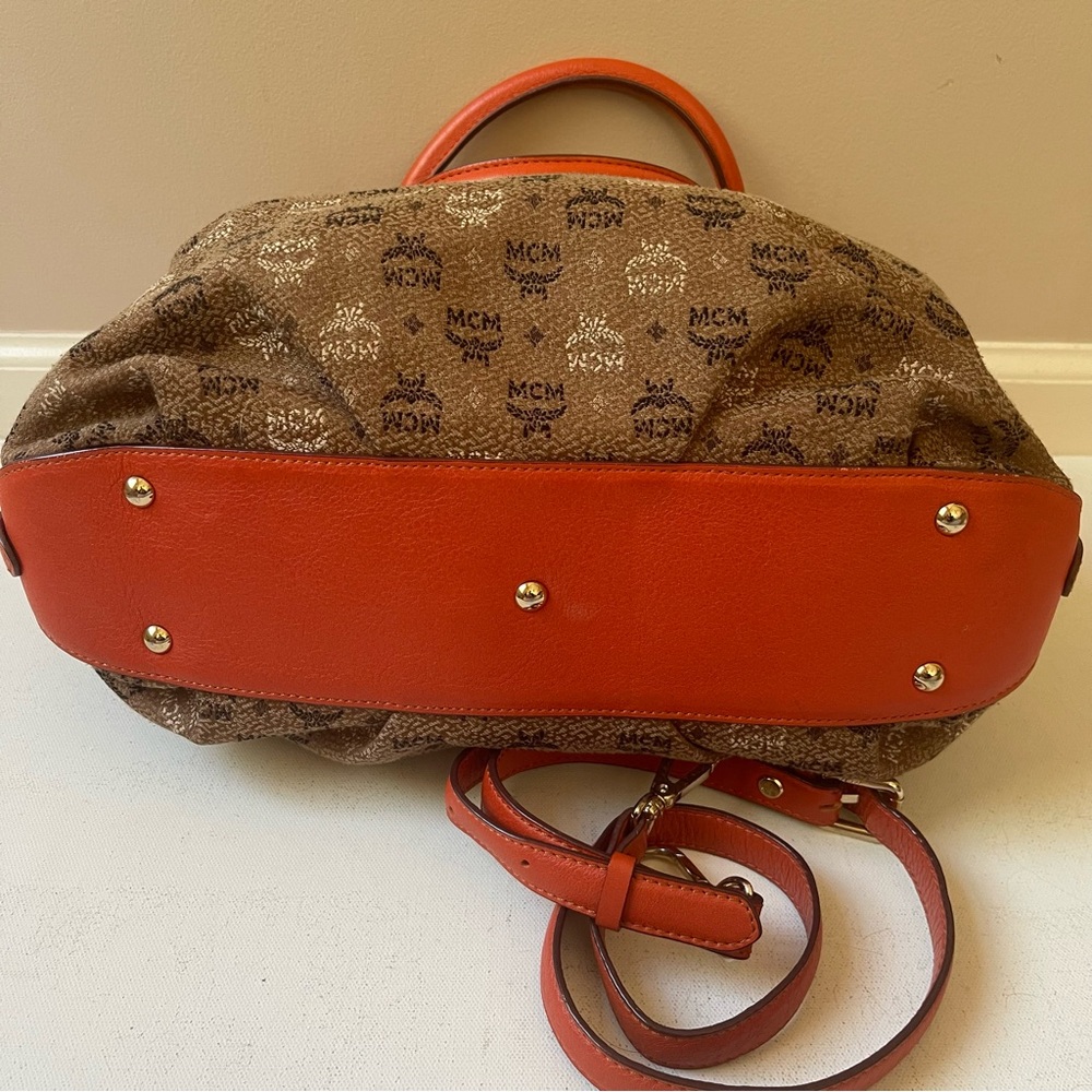 MCM Visetos Monogram Canvas Leather Orange Large Tote Bag Crossbody Zip Top - Picture 3 of 6